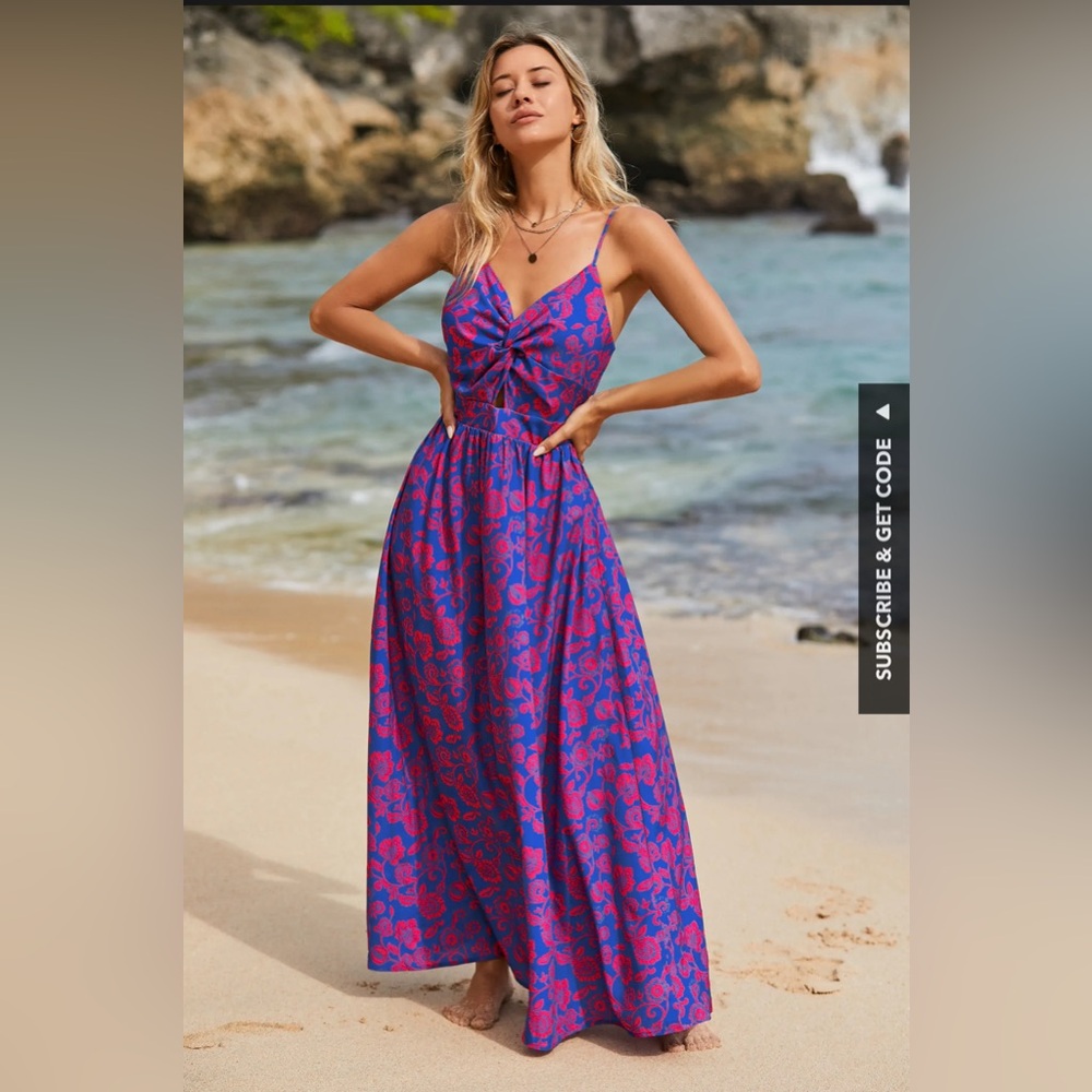 XS Floral Print Knotted V-Neck Maxi Dress